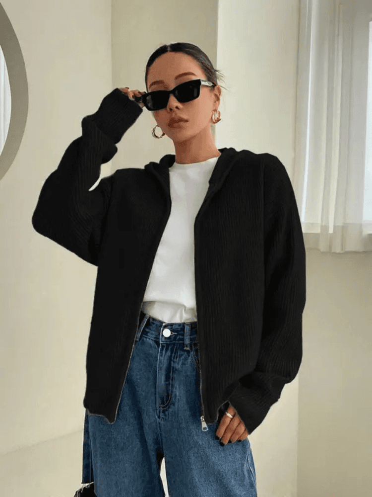 Felpa con cappuccio e cerniera in maglia da donna