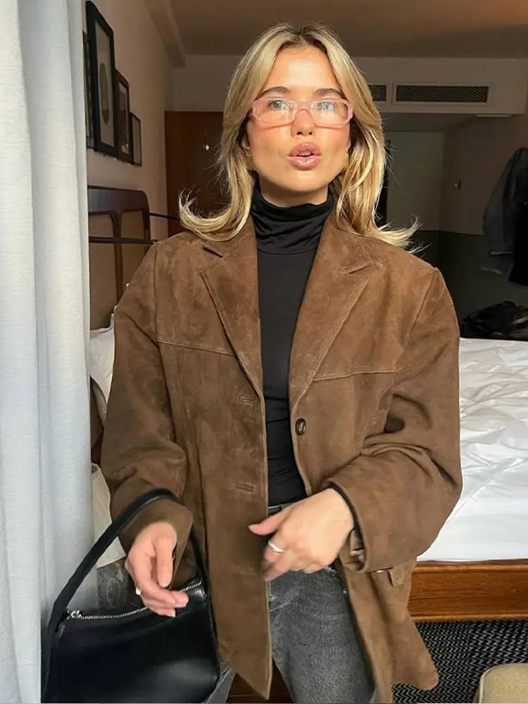 Giacca blazer oversize elegante in pelle scamosciata marrone da donna - Comfort