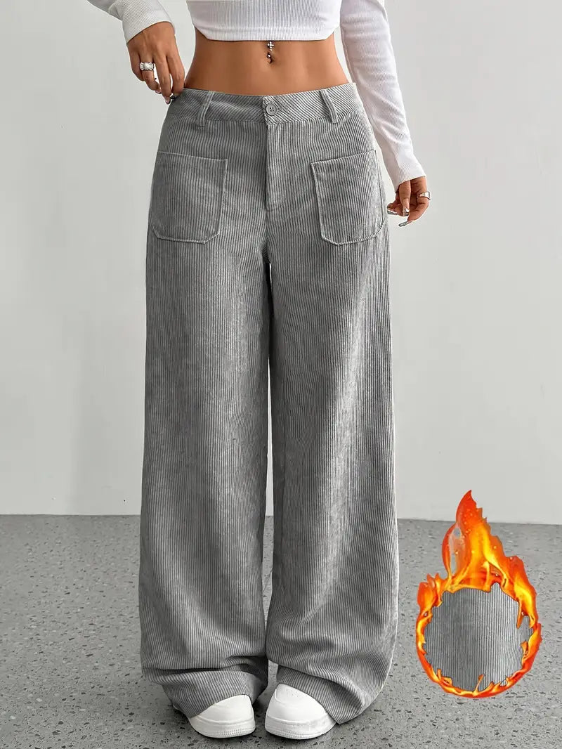 Pantaloni casual da donna a coste e vita alta | Gamba larga