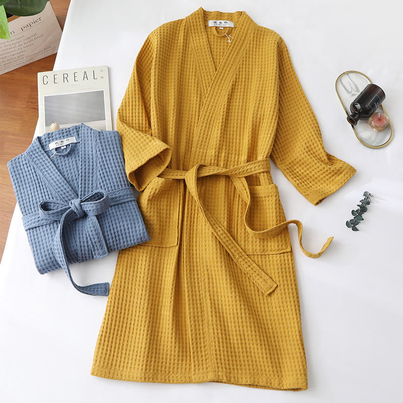 Accappatoio Unisex in Cotone a Coste con Scollo a V – Vestibilità Ampia, Tinta Unita, Assorbente, Traspirante, Confortevole con Cintura, Perfetto per Tutte le Stagioni
