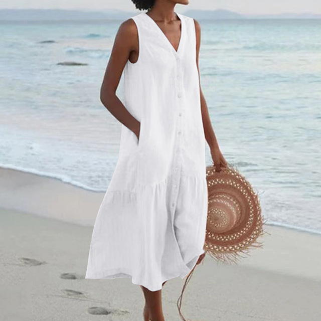Abito estivo da donna senza maniche – vestito midi con bottoni e tasche