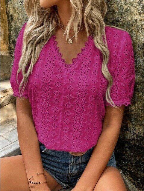 Top in pizzo da donna - Top a maniche corte con scollo a V
