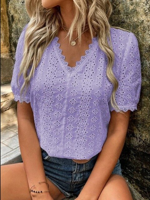Top in pizzo da donna - Top a maniche corte con scollo a V