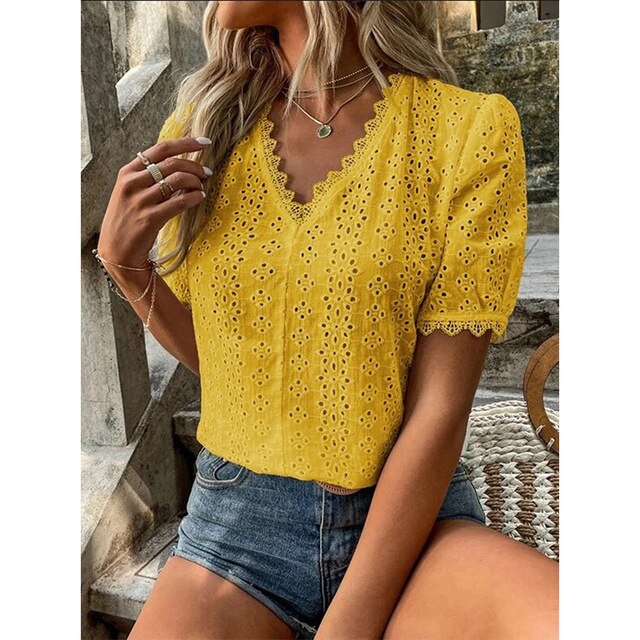 Top in pizzo da donna - Top a maniche corte con scollo a V