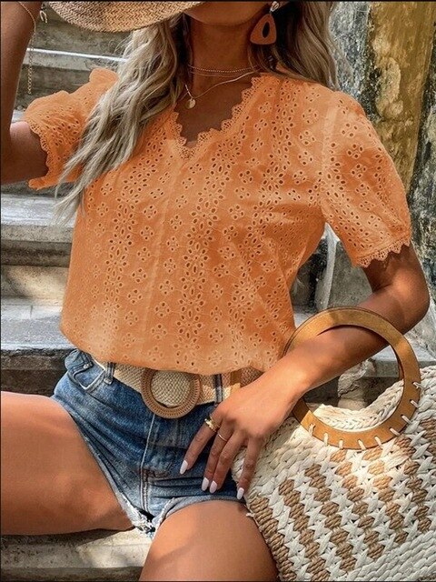 Top in pizzo da donna - Top a maniche corte con scollo a V