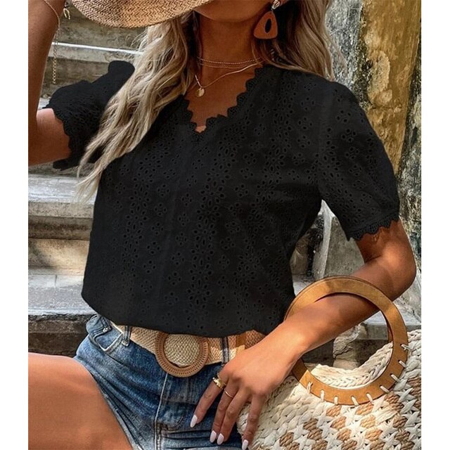 Top in pizzo da donna - Top a maniche corte con scollo a V