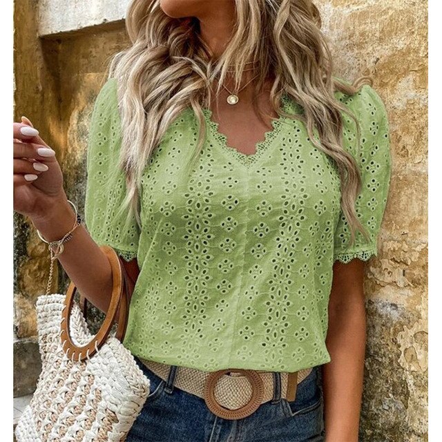 Top in pizzo da donna - Top a maniche corte con scollo a V