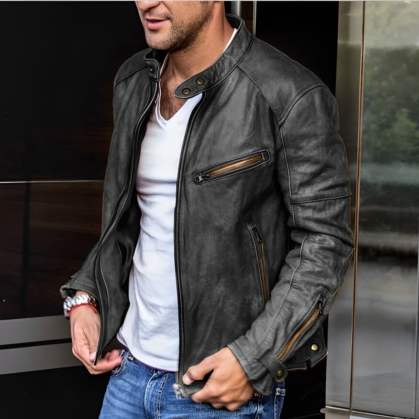 Giacca in pelle con cerniera per tutte le stagioni da uomo, elegante e resistente