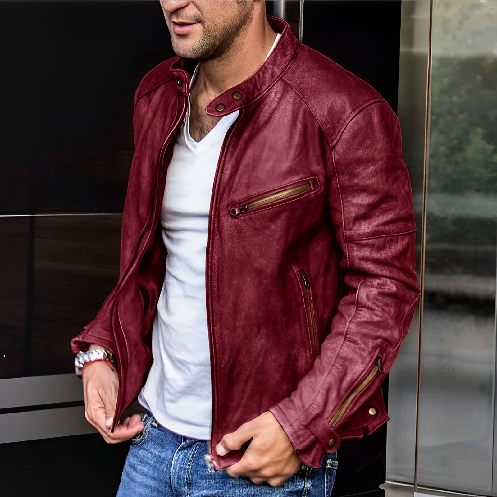 Giacca in pelle con cerniera per tutte le stagioni da uomo, elegante e resistente