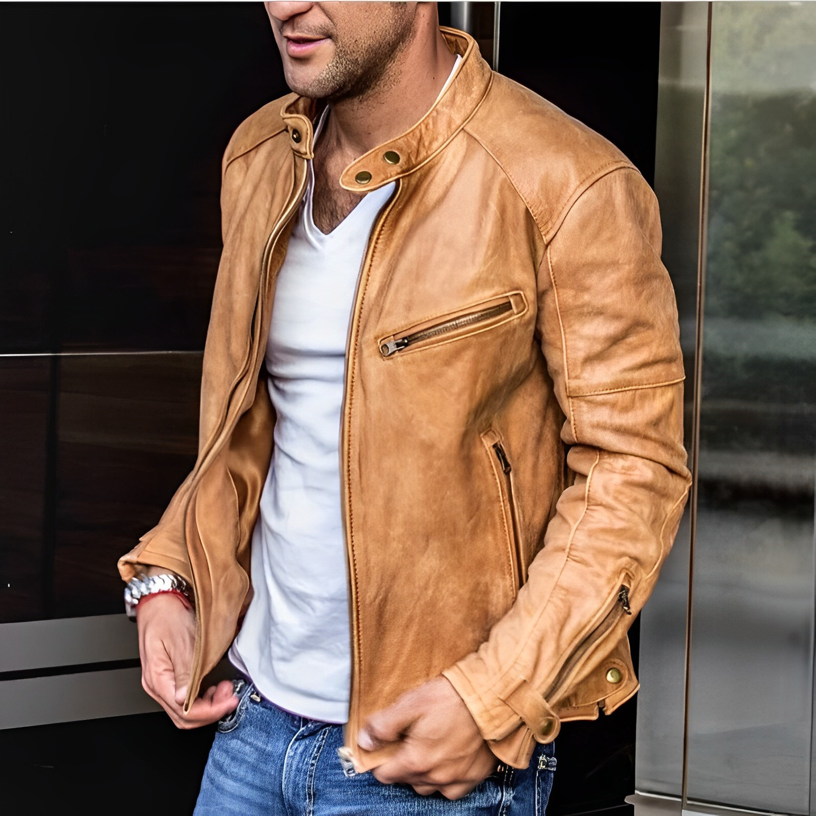 Giacca in pelle con cerniera per tutte le stagioni da uomo, elegante e resistente