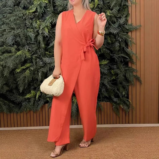Tuta elegante senza maniche con scollo a V e cintura da donna - Elegante, elegante, da lavoro
