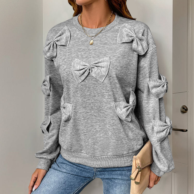 Maglione morbido da donna con nodo cucito – Felpa girocollo casual grigia