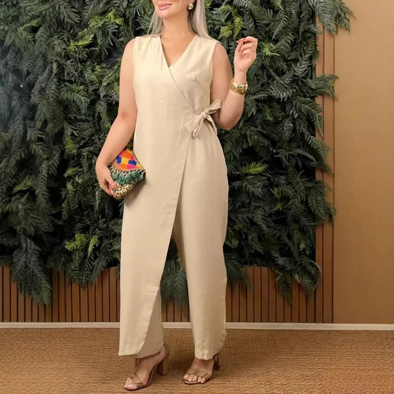 Tuta elegante senza maniche con scollo a V e cintura da donna - Elegante, elegante, da lavoro