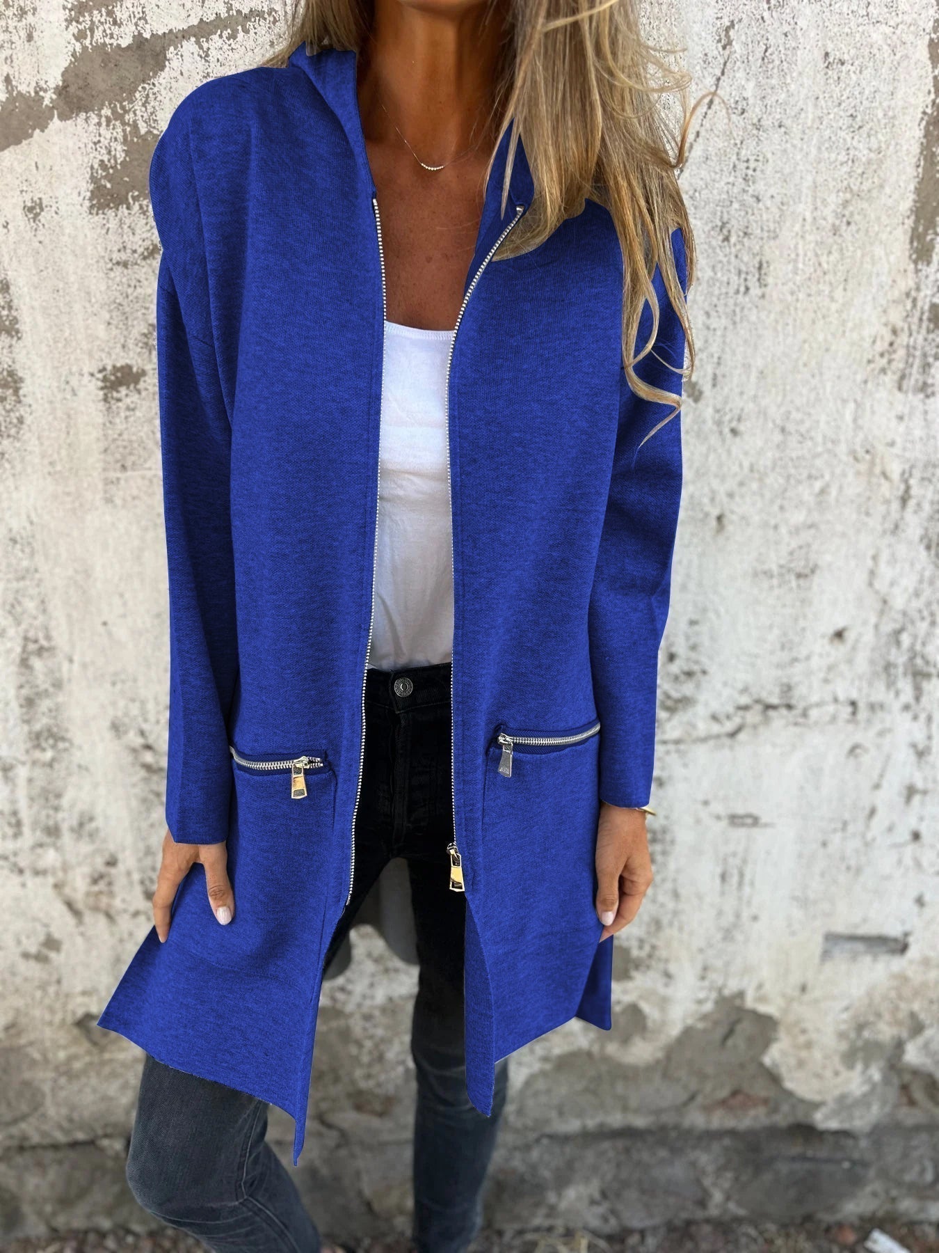 Cardigan Elegante Lungo con Cappuccio e Zip da Donna