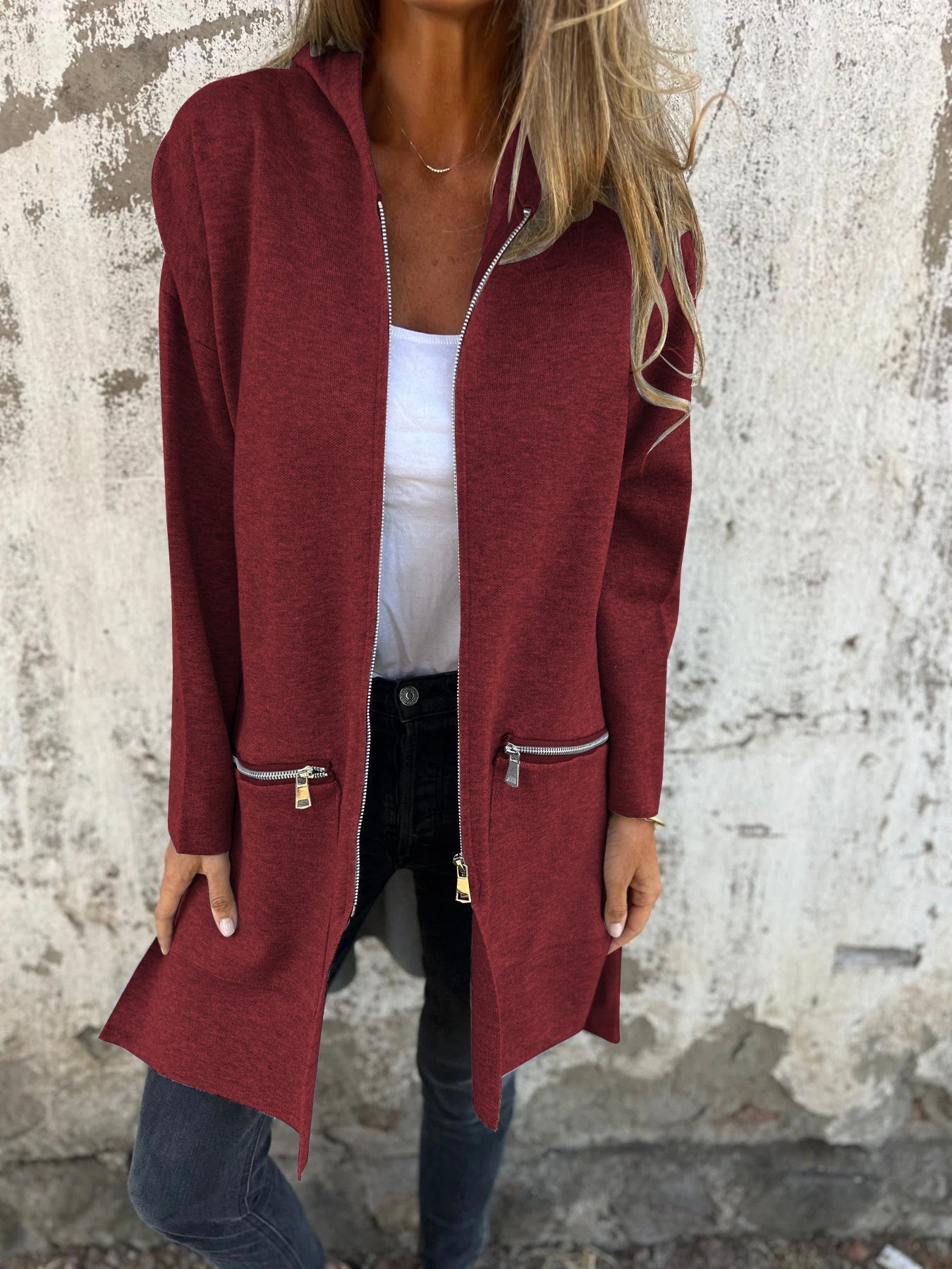 Cardigan Elegante Lungo con Cappuccio e Zip da Donna