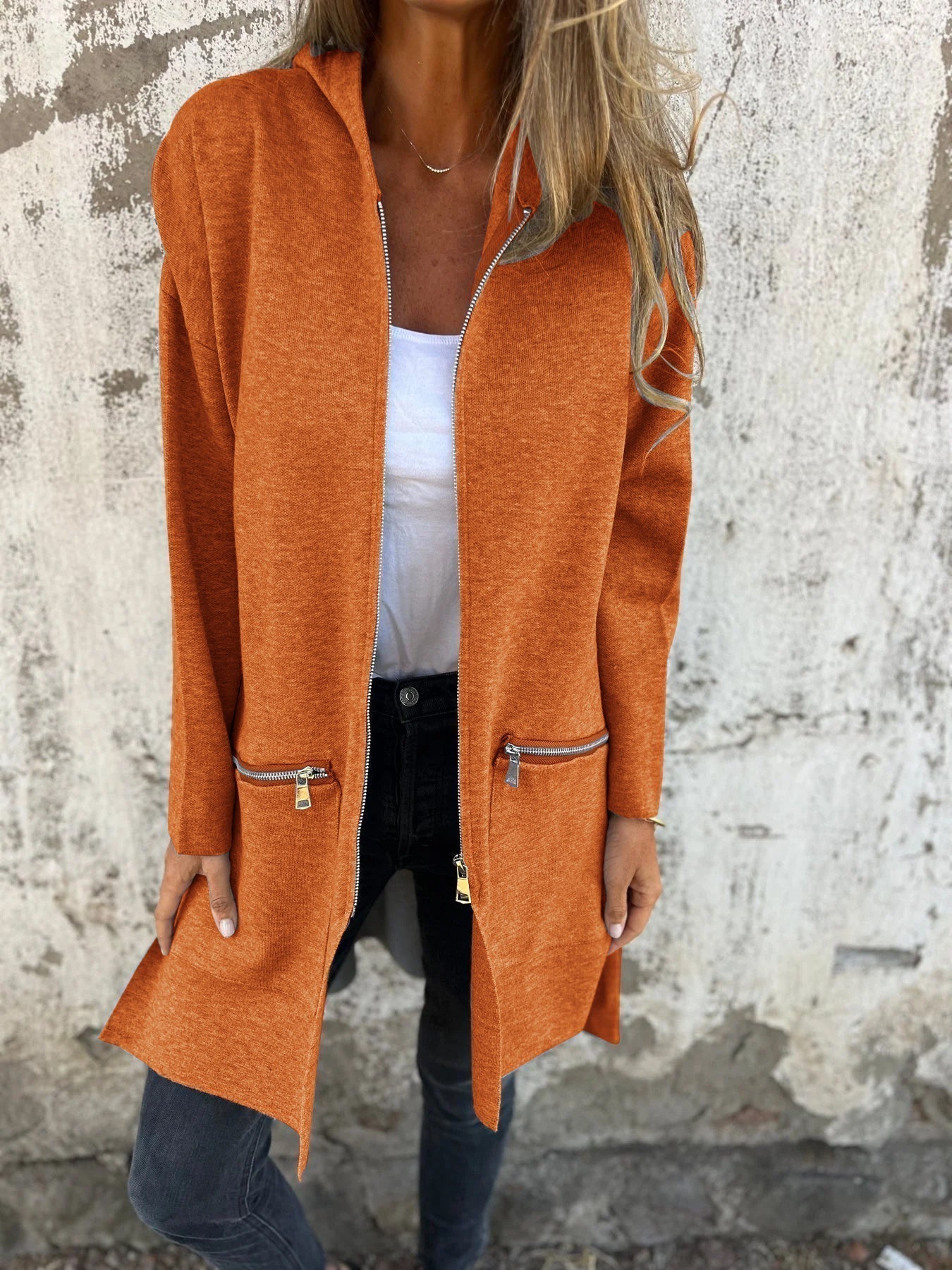 Cardigan Elegante Lungo con Cappuccio e Zip da Donna