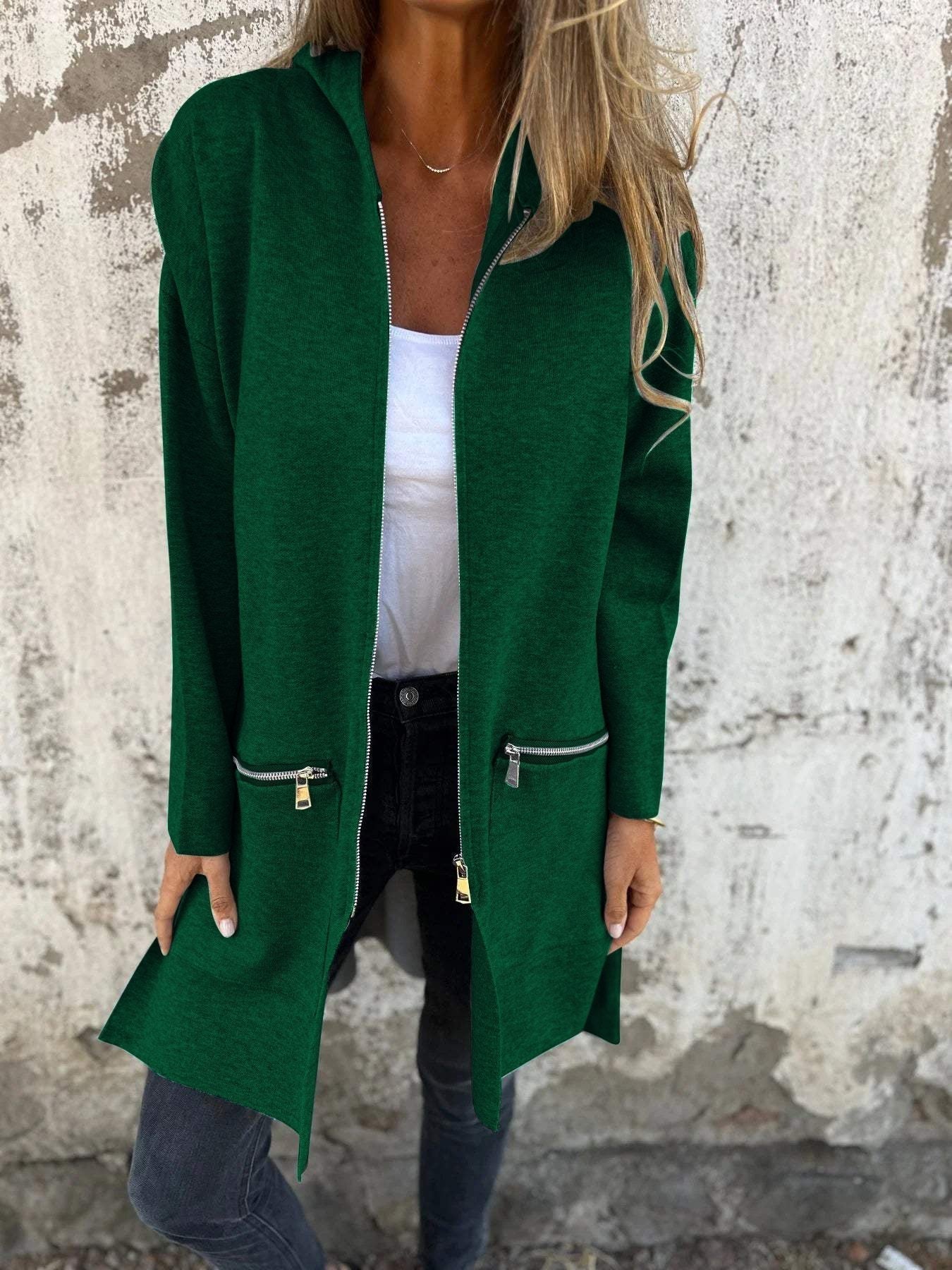 Cardigan Elegante Lungo con Cappuccio e Zip da Donna