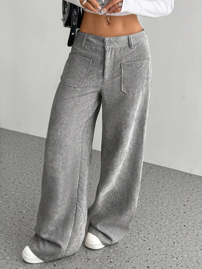 Pantaloni casual da donna a coste e vita alta | Gamba larga
