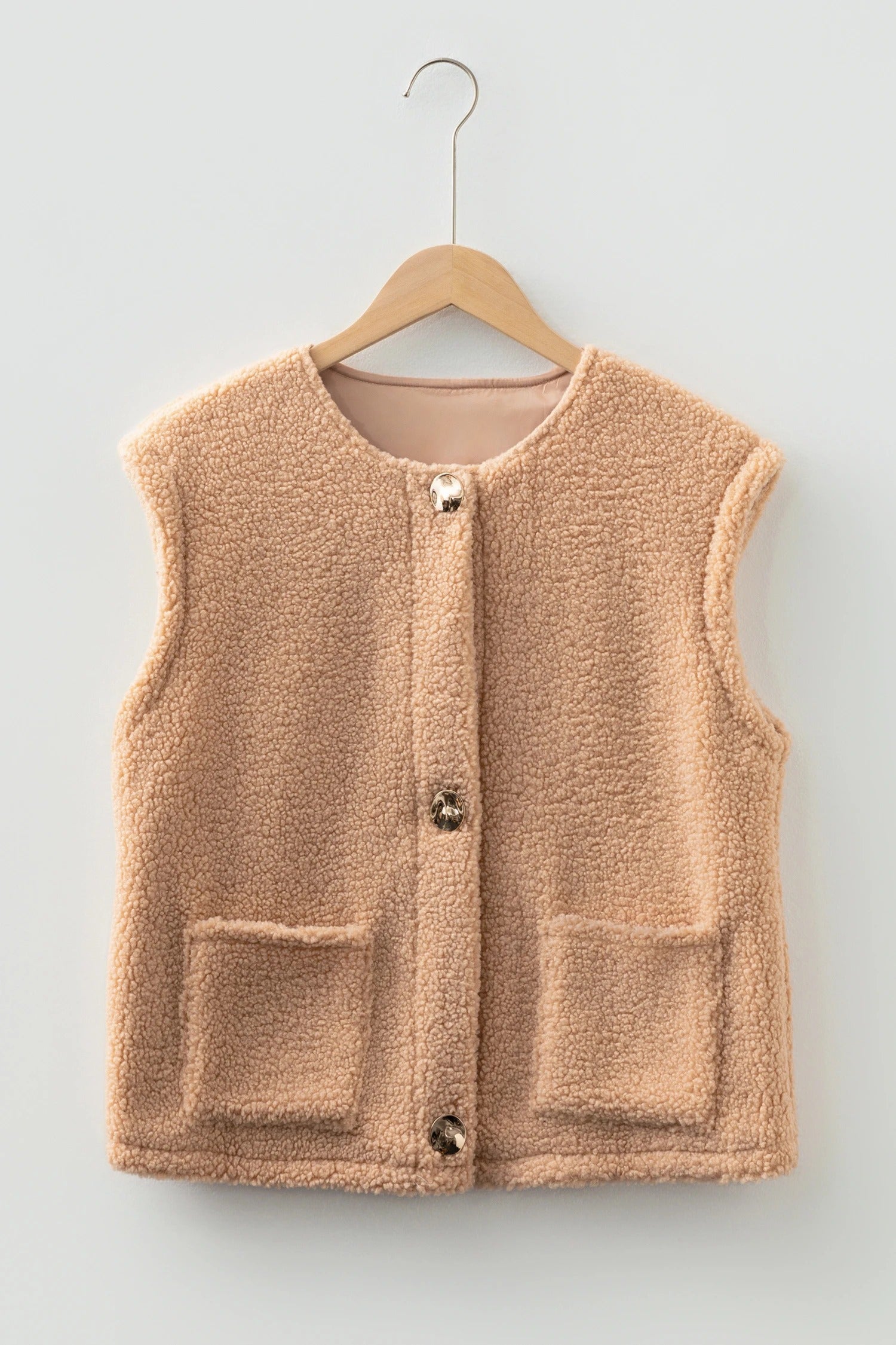 Beige teddy vest premium til kvinder – Komfortabel vest med knapper