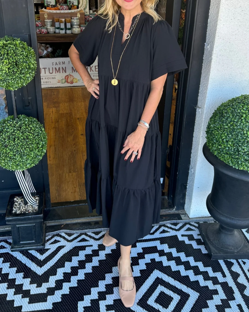 Lang afslappet kjole med flæser til kvinder – Kortærmet kjole med V-hals og lommer