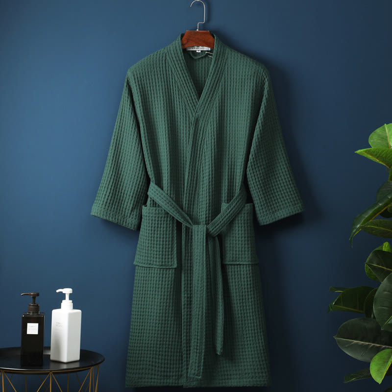 Accappatoio Unisex in Cotone a Coste con Scollo a V – Vestibilità Ampia, Tinta Unita, Assorbente, Traspirante, Confortevole con Cintura, Perfetto per Tutte le Stagioni