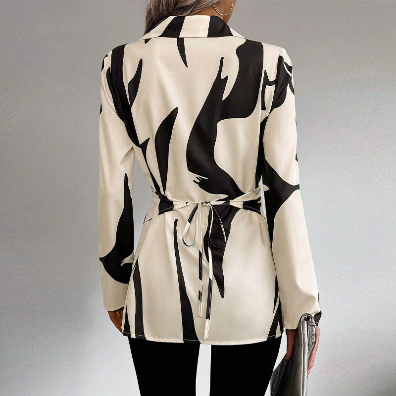 Elegante camicia da donna con scollo a V a contrasto bianco e nero - Blusa a maniche lunghe