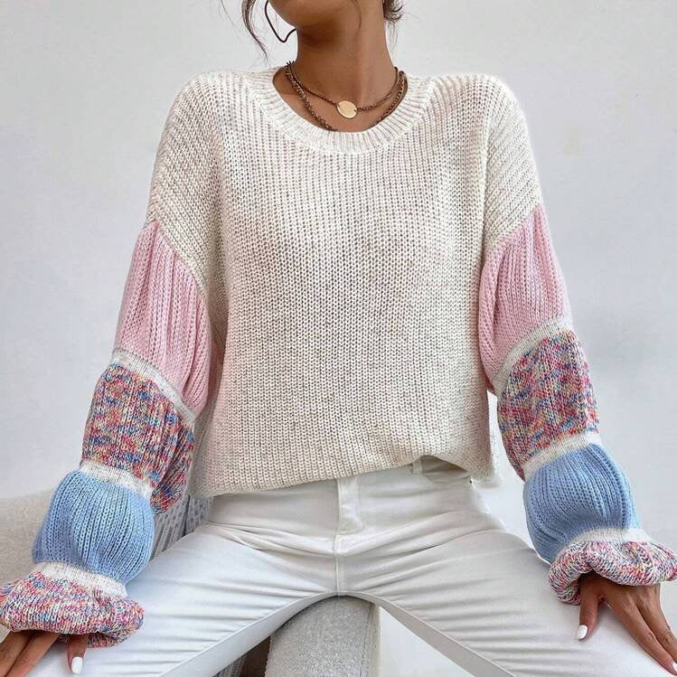 Maglione multicolore da donna – Vestibilità oversize con maniche a sbuffo color crema e rosa