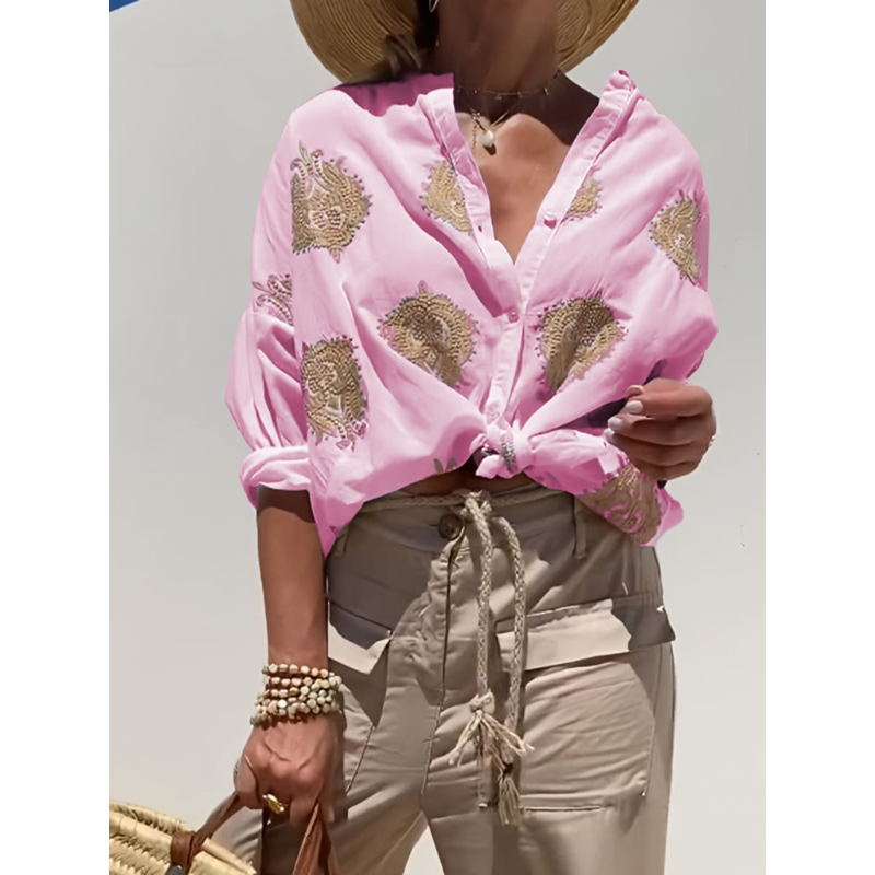 Donna leggera da stampa portata Camicia - Blusa estiva a maniche lunghe