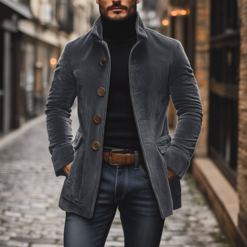 Cappotto corto da uomo in velluto a coste slim fit con collo alto