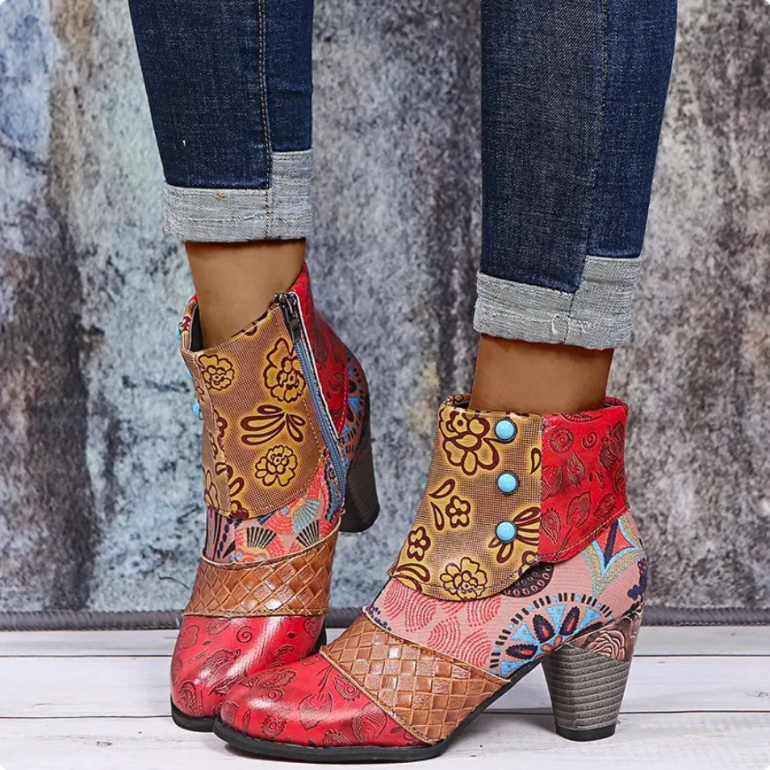 Stivali da donna con motivo floreale boho - Comodi tacchi spessi con cerniera