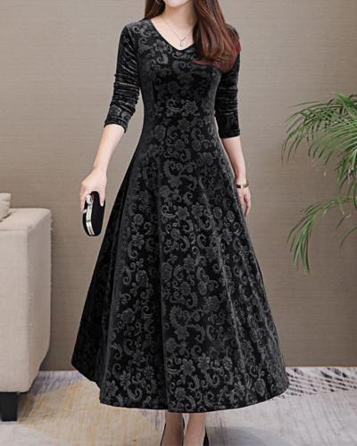 Abito Lungo Donna A-Line Scollo a V – Motivo Floreale Vita Alta Elegante da Cerimonia o Matrimonio