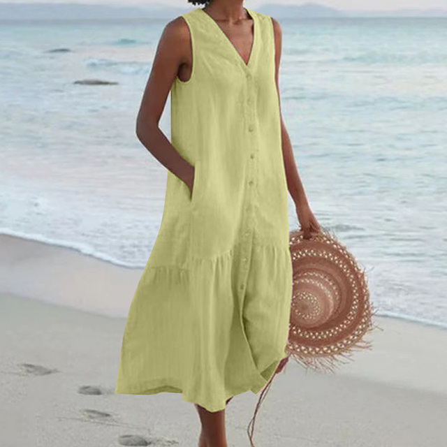 Abito estivo da donna senza maniche – vestito midi con bottoni e tasche