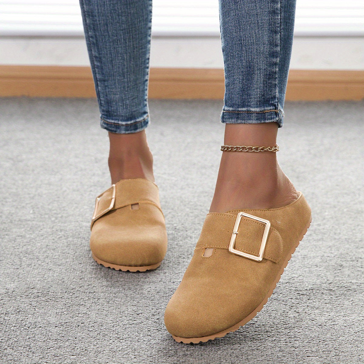 Mules slip-on da donna - Tomaia in tessuto confortevole con cinturino con fibbia in metallo, morbida soletta in PU e suola in PVC resistente - Scarpe casual per tutte le stagioni, facili da pulire, eleganti | Comfort garantito