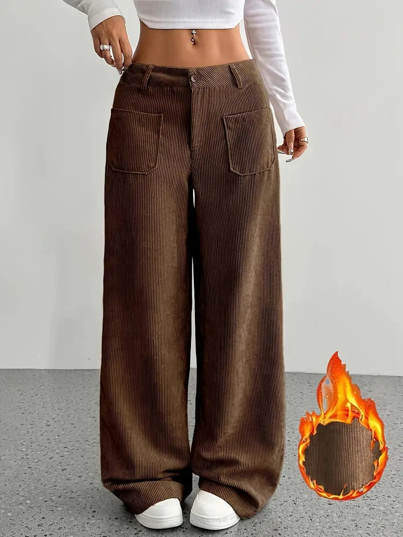 Pantaloni casual da donna a coste e vita alta | Gamba larga