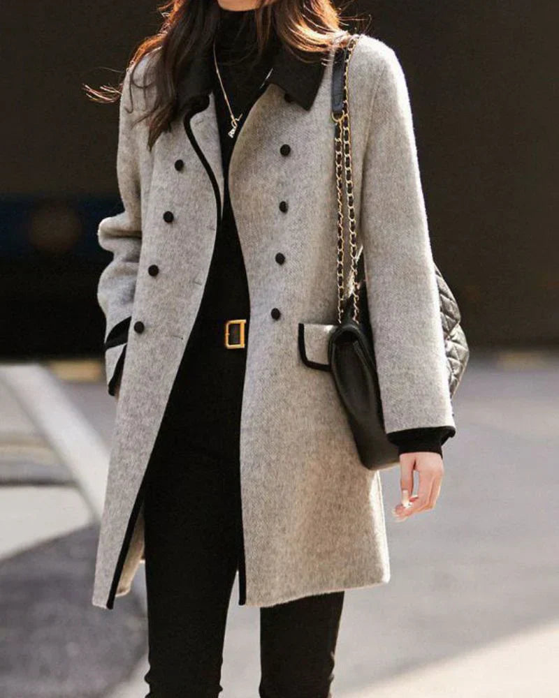 Cappotto in lana a contrasto premium da donna - Elegante cappotto con bottoni