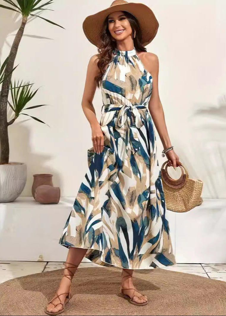 Abito lungo estivo da donna elegante in stile bohémien con scollo all'americana - Abito da leggero, fluido e senza maniche, perfetto per le vacanze.