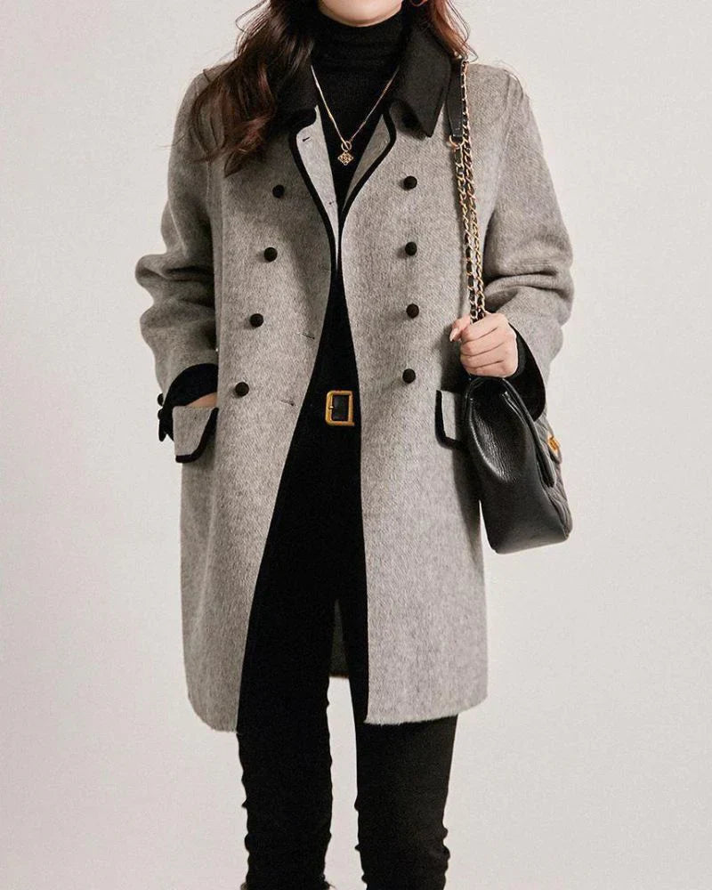 Cappotto in lana a contrasto premium da donna - Elegante cappotto con bottoni