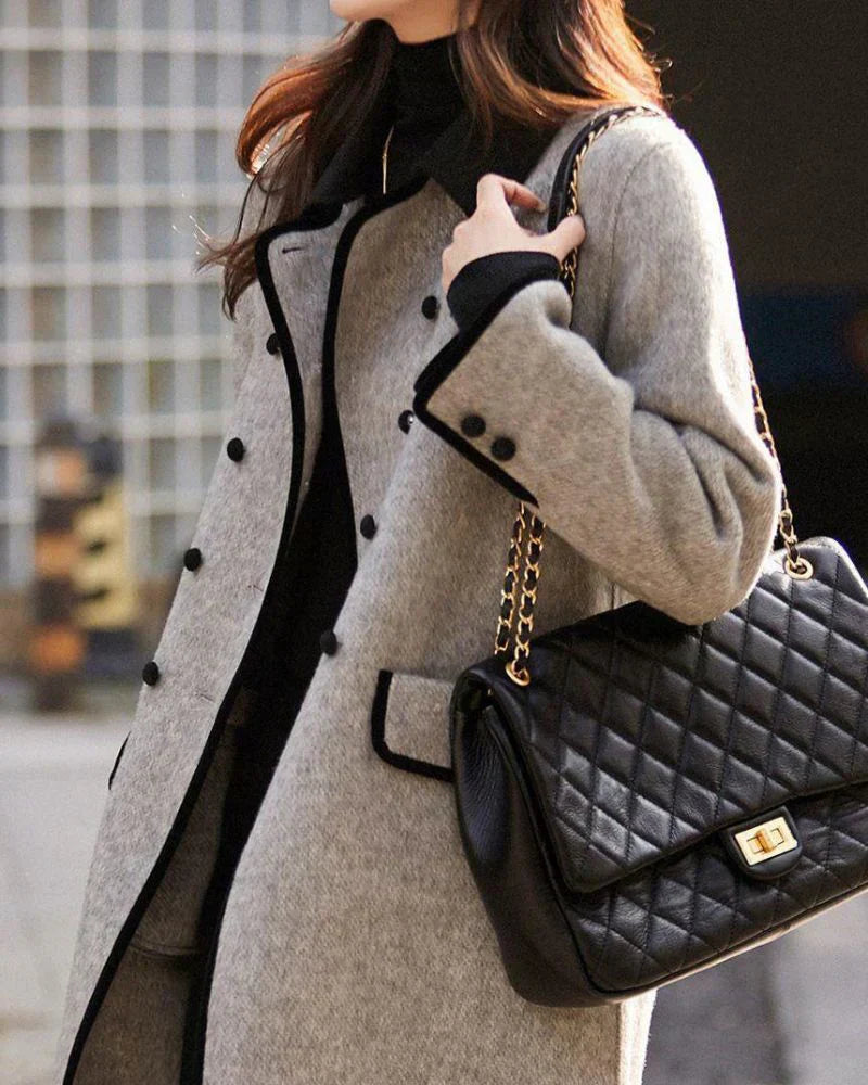 Cappotto in lana a contrasto premium da donna - Elegante cappotto con bottoni