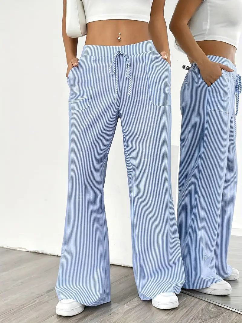 Pantaloni a gamba larga a righe casual da donna, eleganti e larghi - Pantaloni estivi leggeri e traspiranti con tasche