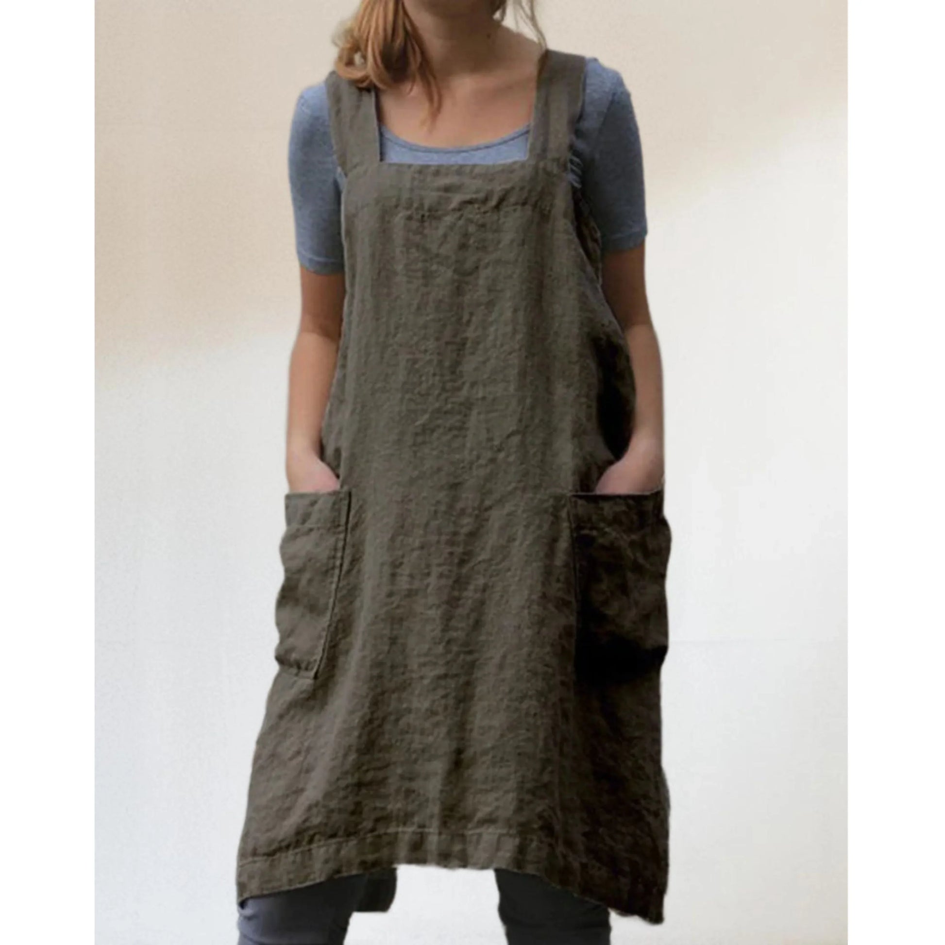 Kvinders forklæde kjole i hør – Elegant afslappet kjole med lommer