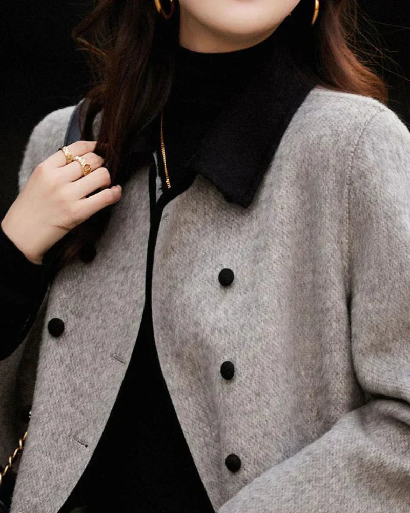 Cappotto in lana a contrasto premium da donna - Elegante cappotto con bottoni
