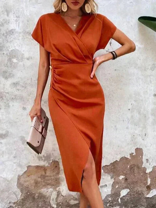 Donna Arancione Abito Elegante Midi Manica Corta Incrocio – Audace, Scolpito