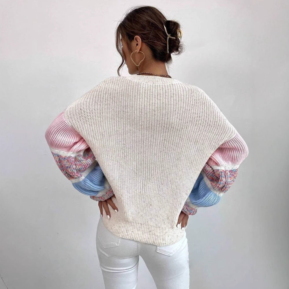 Maglione multicolore da donna – Vestibilità oversize con maniche a sbuffo color crema e rosa