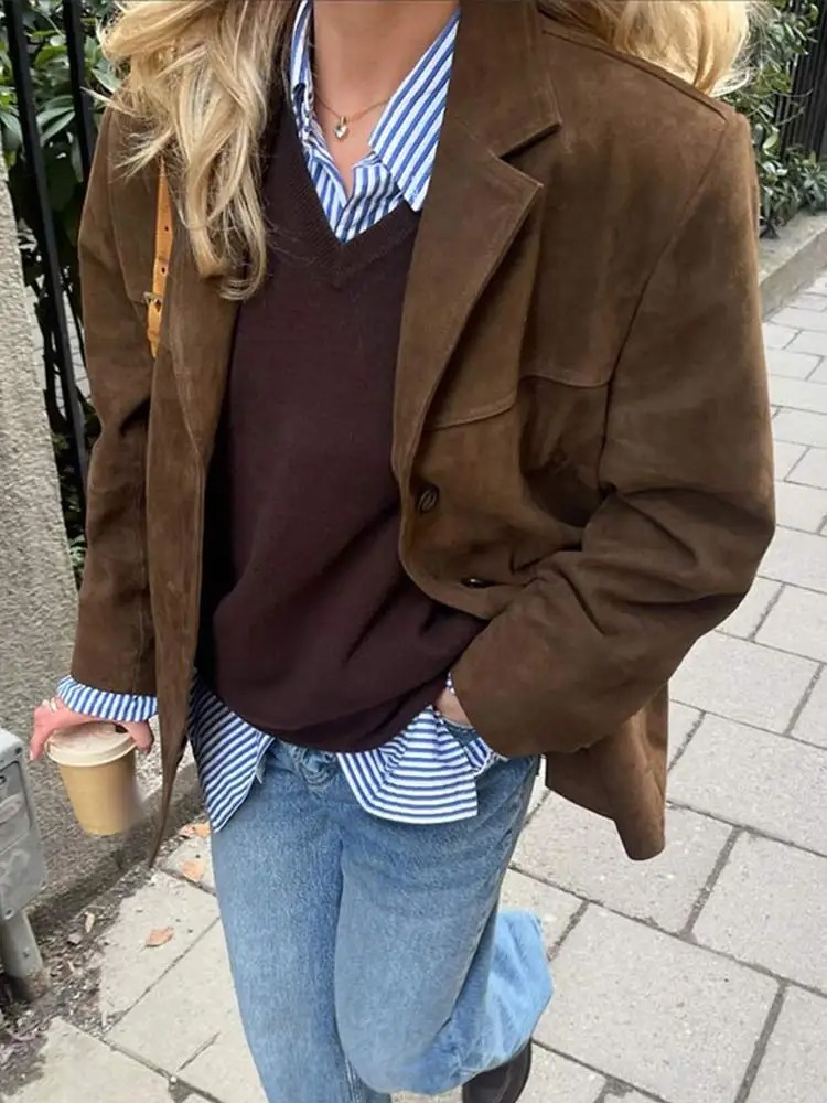 Giacca blazer oversize elegante in pelle scamosciata marrone da donna - Comfort