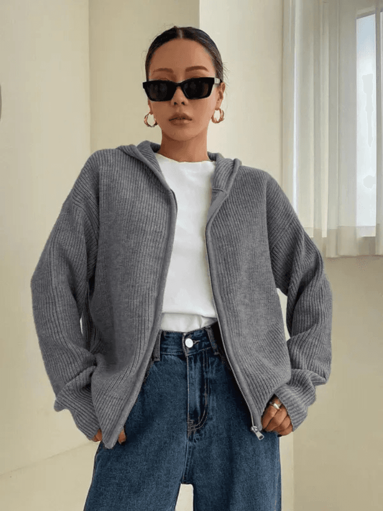 Felpa con cappuccio e cerniera in maglia da donna