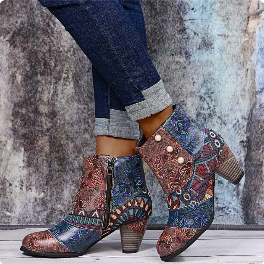 Stivali da donna con motivo floreale boho - Comodi tacchi spessi con cerniera