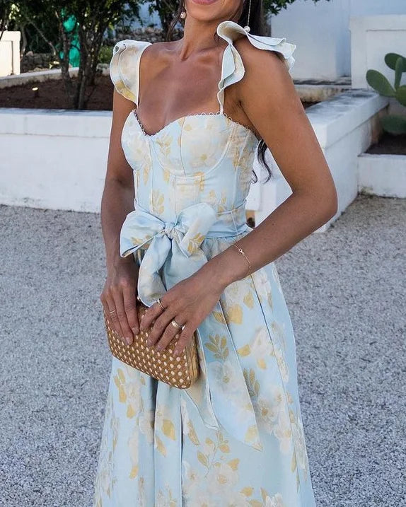 Abito midi da donna con fiocco e spalline arricciate