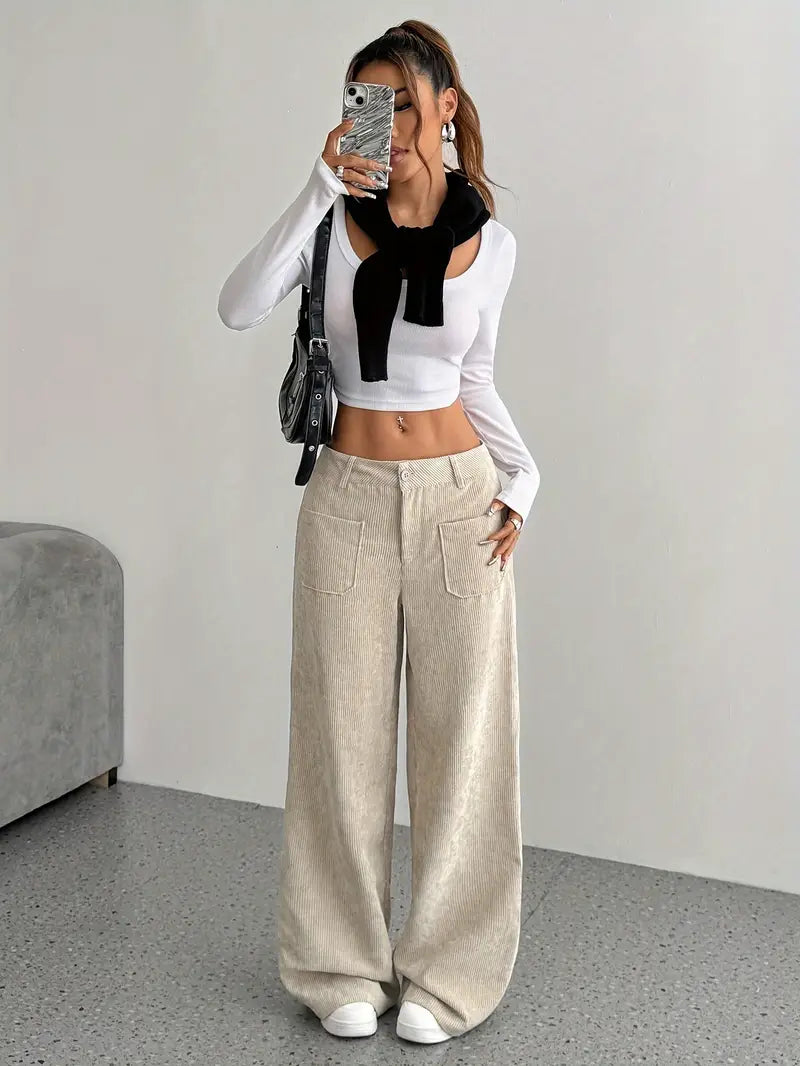 Pantaloni casual da donna a coste e vita alta | Gamba larga