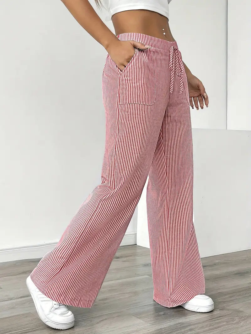 Pantaloni a gamba larga a righe casual da donna, eleganti e larghi - Pantaloni estivi leggeri e traspiranti con tasche