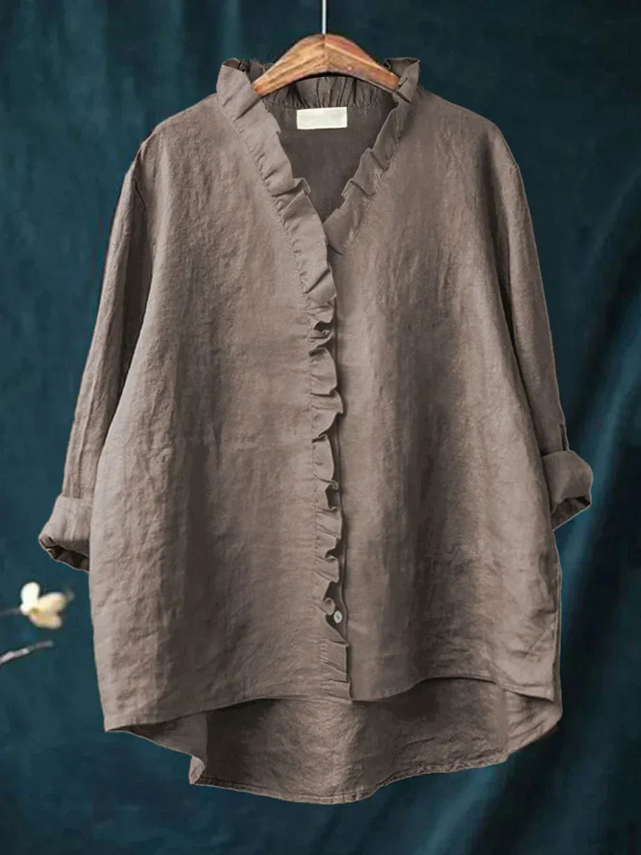 Camicia da donna in lino e cotone con volant e bottoni – Top estivo leggero